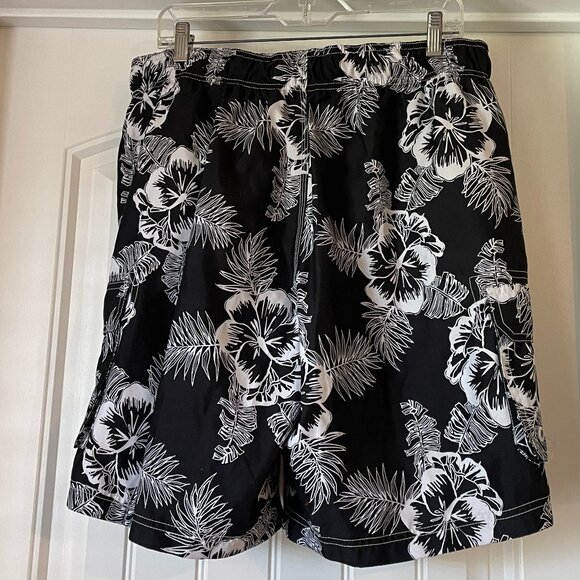 Ocean Pacific OP Mens Black and White Hawaiian Floral Print Swim Trunks - Picture 2 of 7